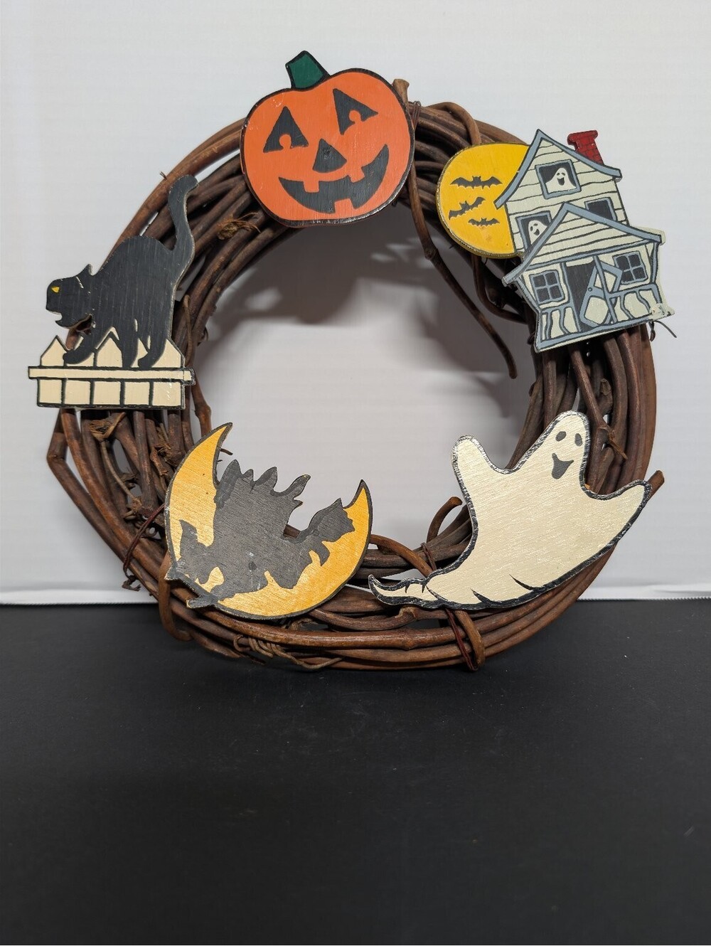 Halloween Grapevine Wreath Decor Spooky Pumpkin Ghost Cat Haunted House 10.5"